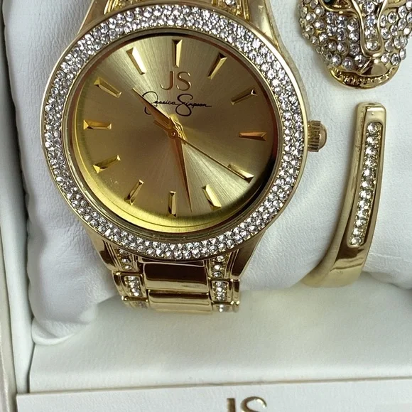 Jessica Simpson Gold Tone Watch Crystal Lion Head Hinged Bangle Bracelet Set NEW - Picture 3 of 15